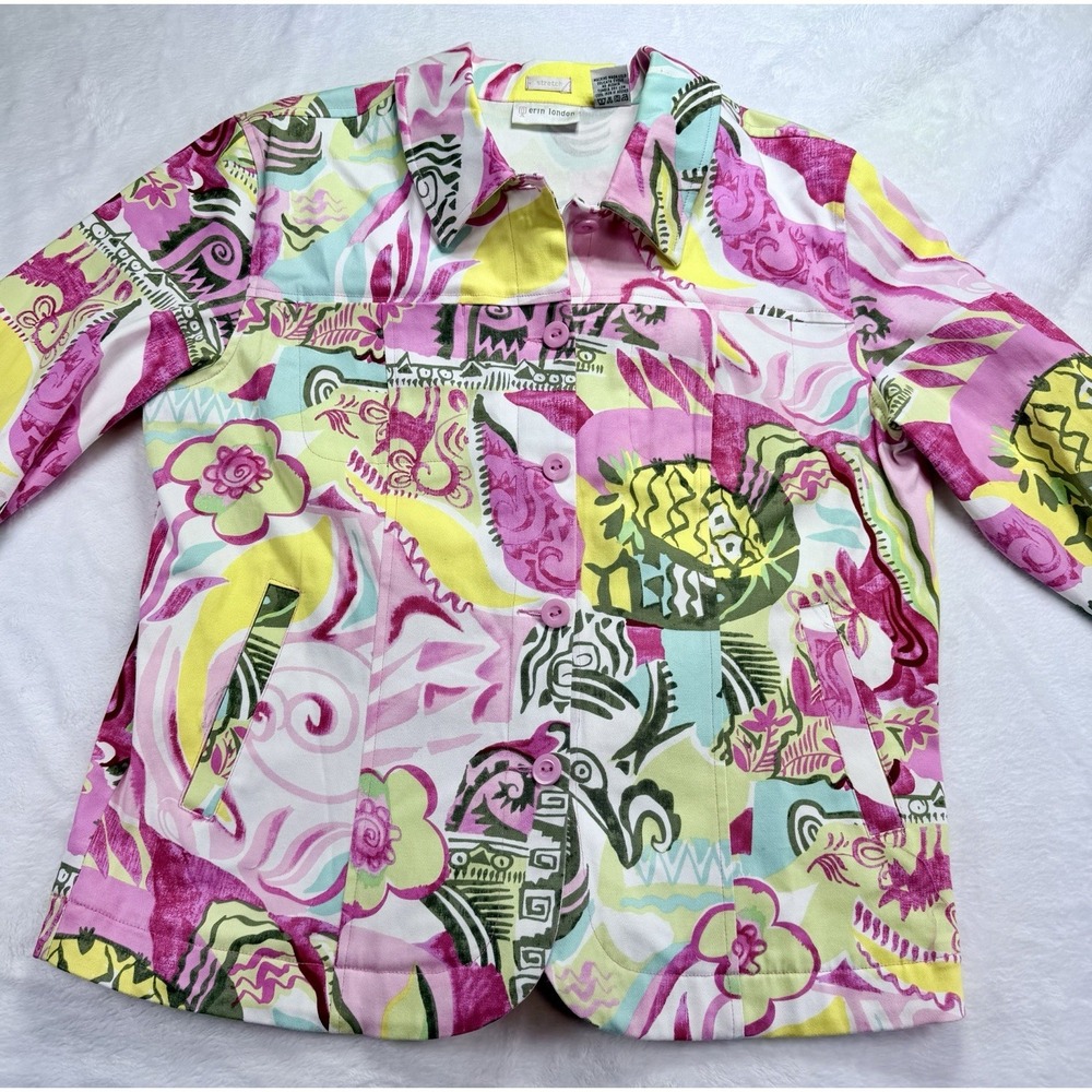 Erin London Women Size‎ Medium Pink Yellow Tropical Jacket Resort Wearable Art